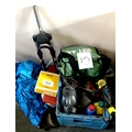 A quantity of bike tools, bottles of oils, tyre pump, first aid kit, a set of MBT front 'Rock Shox',... 