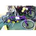 An Option 1 purple painted BMX bike, with stunt pegs to rear axle.