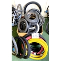 A group of BMX and children's bicycle tyres, including a pair of red and a pair of yellow Duro tyres... 