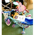 Two children's bikes, both with pale blue painted frames and stabilisers, together with a pink 'Disn... 