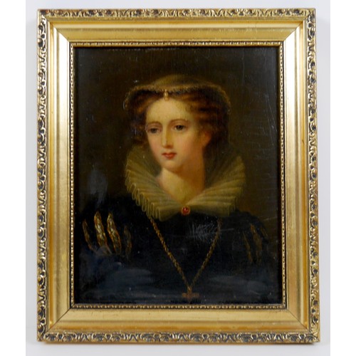 43 - British School (19th century): a portrait of an Elizabethan lady, possibly Mary Queen of Scots, wear... 