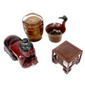A group of modern Chinese wooden items, comprising a three section carrying picnic basket with black... 