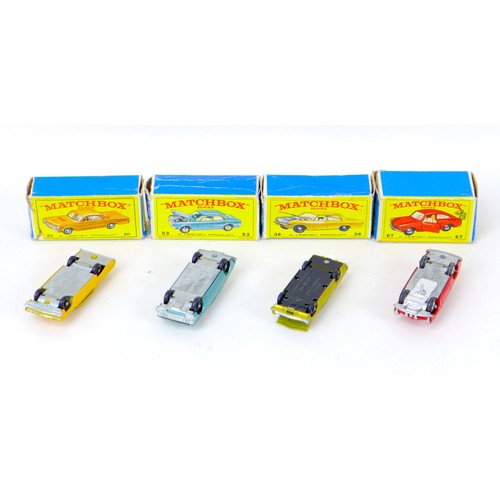 68 - Four Matchbox Lesney die-cast model toys, comprising an Opel Diplomat No. 36, in  gold, a Volkswagen... 