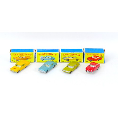 68 - Four Matchbox Lesney die-cast model toys, comprising an Opel Diplomat No. 36, in  gold, a Volkswagen... 