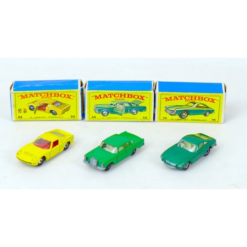 72 - Three Matchbox Lesney die-cast model toys, comprising a Ferrari Berlinetta in green No. 75, a Lambor... 