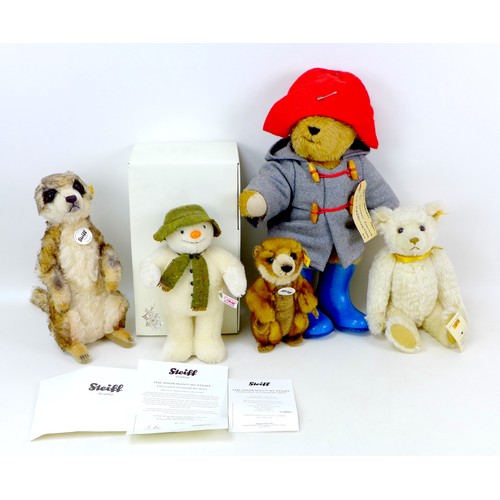 82 - Four Steiff soft toy animals, comprising a Limited edition exclusive to Danbury Mint  'The Snowman' ... 