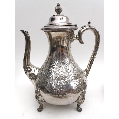 98 - A collection of silver plated items, including a tray,  teapot, coffeepot, and serving dishes. (1 bo... 