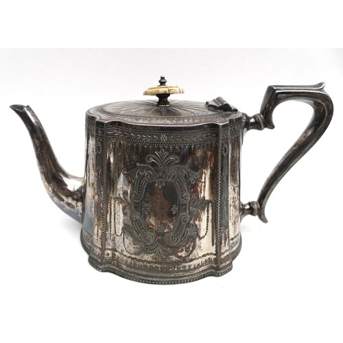 98 - A collection of silver plated items, including a tray,  teapot, coffeepot, and serving dishes. (1 bo... 