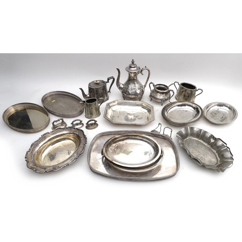 98 - A collection of silver plated items, including a tray,  teapot, coffeepot, and serving dishes. (1 bo... 