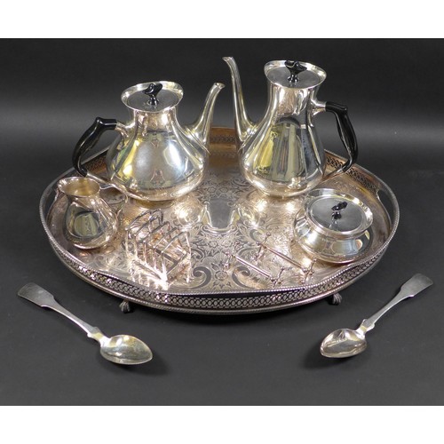 100 - A collection of silver plated items, including a vintage Viners four piece tea service, oval tray, t... 