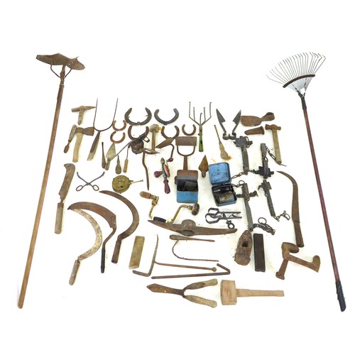 102 - A group of vintage hand tools, including a hoe, a rake, hammers, shears, sickles, hand drill, and tw... 