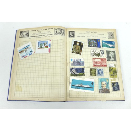 124 - A collection of stamps and postcards, including some military and topographical, in four stamp album... 