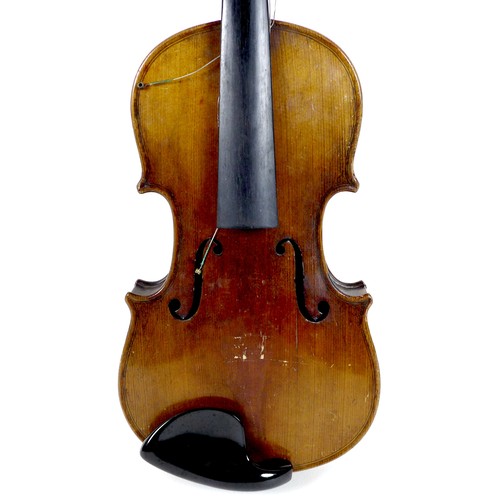 127 - An early 20th century German 3/4 violin, with ebonised fingerboard, tailpiece and tuning pegs, a/f d... 