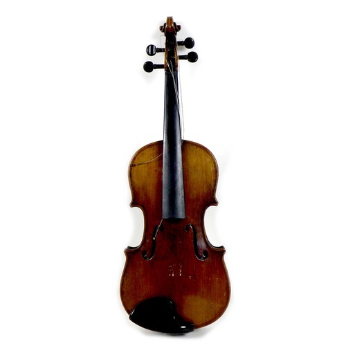 127 - An early 20th century German 3/4 violin, with ebonised fingerboard, tailpiece and tuning pegs, a/f d... 