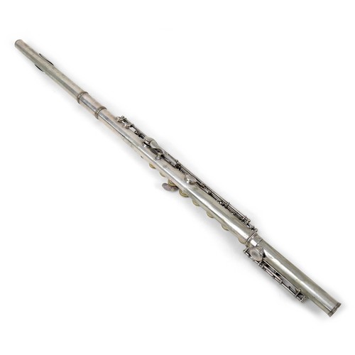 128 - An Italian silver plated flute, by Buisson, Milan, early 20th century, 67cm long, in a fitted black ... 