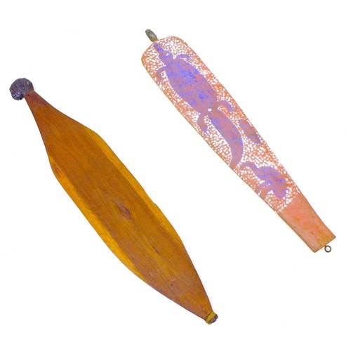 131 - Two early 20th century Aboriginal style woomerah spear throwers, comprising a hand painted example, ... 