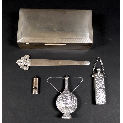8 - A group of silver items, comprising a cigarette box, Beddoes & Co. Birmingham 1929, 17.9 by 9 by 5cm... 