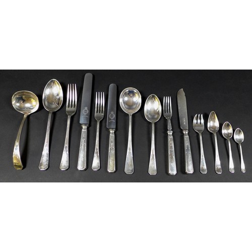 52 - An Art Deco silver suite of cutlery, comprising three tablespoons, 21.3cm, two sauce ladles, 17.5cm,... 
