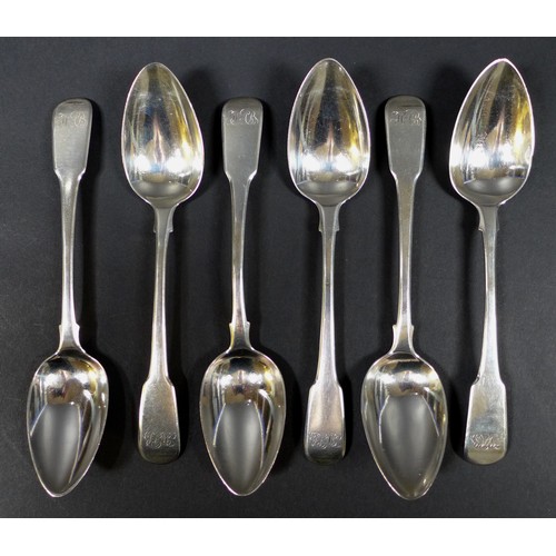20 - Six George III silver fiddle back dessert spoons, with monogrammed finials 'WAB' Peter & William Bat... 