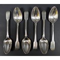 Six George III silver fiddle back dessert spoons, with monogrammed finials 'WAB' Peter & William Bat... 