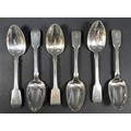 Six George IV silver fiddle back pattern dessert spoons,  all engraved with a single indistinct lett... 