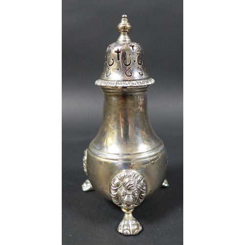 40 - An Elizabeth II silver three piece cruet set, comprising tower pepperette, the removable finialled t... 