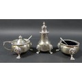 An Elizabeth II silver three piece cruet set, comprising tower pepperette, the removable finialled t... 