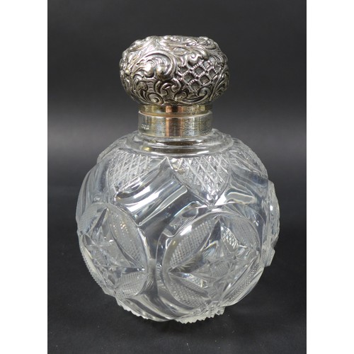 2 - Three silver topped dressing table items, inclduing a spherical scent bottle with hinged silver top ... 