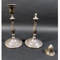 A pair of George III silver candlesticks, the slender knopped columns with fine reeded decoration, d... 