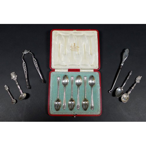 5 - A small group of silver items, comprising a cased set of six bright cut teaspoons, a set of Georgian... 