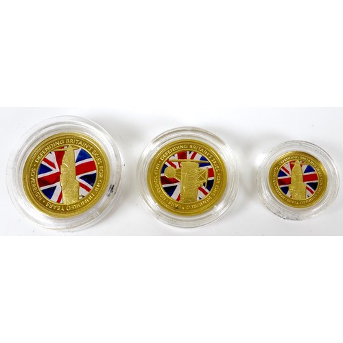 219 - An Elizabeth II three gold proof coin set, '2018 Defence Of Our Skies Gold Colour Sovereign Gold Ser... 