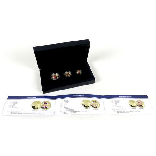 219 - An Elizabeth II three gold proof coin set, '2018 Defence Of Our Skies Gold Colour Sovereign Gold Ser... 