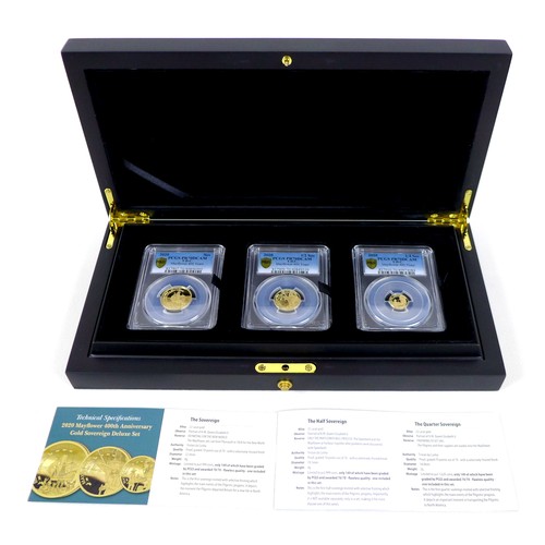 221 - An Elizabeth II three gold proof coin set, '2020 Mayflower 400th Anniversary Gold Sovereign Deluxe S... 