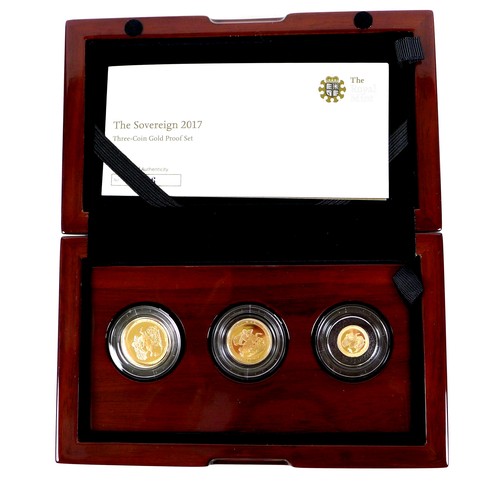 227 - A limited edition Elizabeth II 2017 three coin sovereign gold proof set, comprising a full sovereign... 