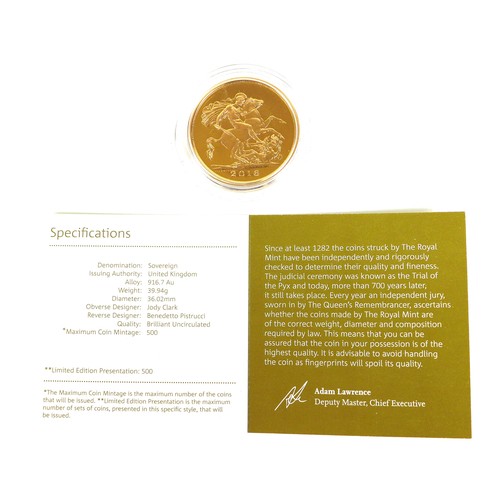 234 - A limited edition Elizabeth II 2016 brilliant uncirculated gold five sovereign coin, with certificat... 