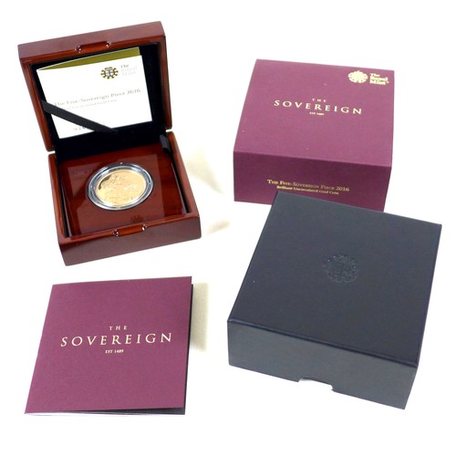 234 - A limited edition Elizabeth II 2016 brilliant uncirculated gold five sovereign coin, with certificat... 