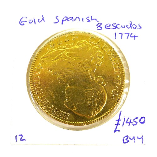 233 - A Charles III of Spain 1774 Eight Escudos gold coin, with shield back, Madrid, Assayer 'PJ', 0.900 g... 