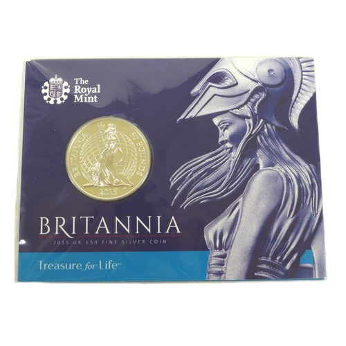 118 - Two Elizabeth II Britannia silver Royal Mint £50 coins, both with presentation packs. (1 bag)