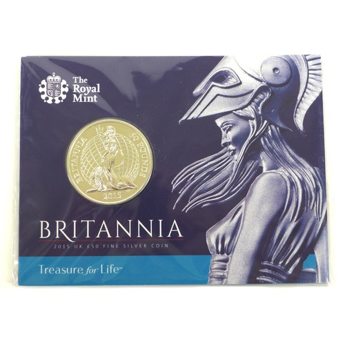 118 - Two Elizabeth II Britannia silver Royal Mint £50 coins, both with presentation packs. (1 bag)