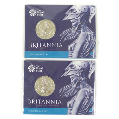 118 - Two Elizabeth II Britannia silver Royal Mint £50 coins, both with presentation packs. (1 bag)