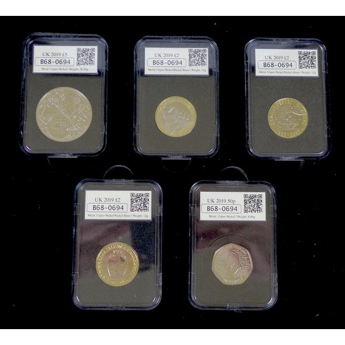 140 - Four cased Elizabeth II DateStamp specimen £5 £2 and 50p sets, comprising two 2016, a 2018 and a 201... 