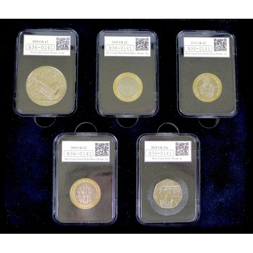 140 - Four cased Elizabeth II DateStamp specimen £5 £2 and 50p sets, comprising two 2016, a 2018 and a 201... 