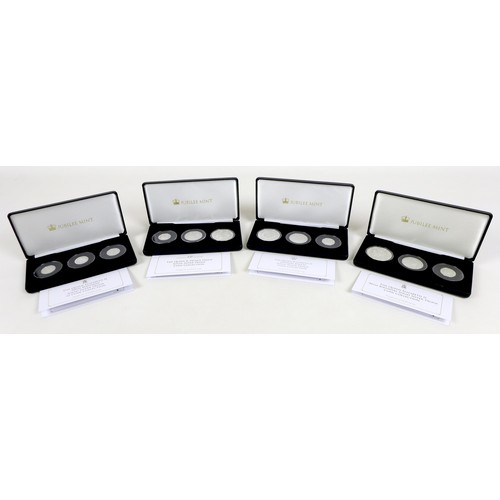 132 - Four Elizabeth II Jubilee mint commemorative silver proof coin sets, comprising three £5, £2 and £1 ... 