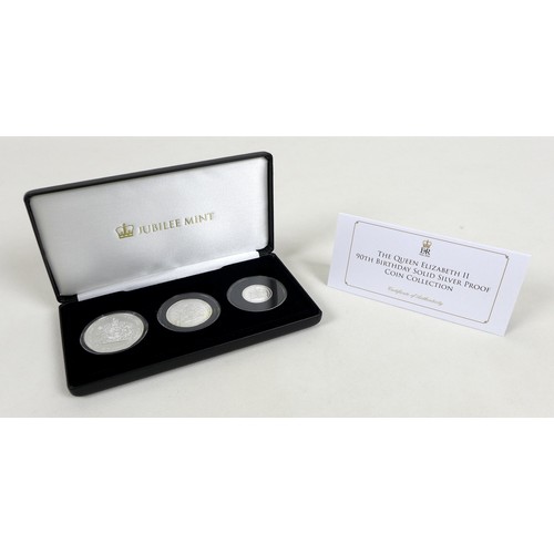 127 - Three Elizabeth II Jubilee mint commemorative silver proof coin sets, comprising three £5, £2 and £1... 