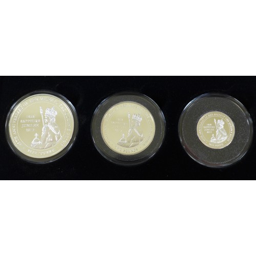 127 - Three Elizabeth II Jubilee mint commemorative silver proof coin sets, comprising three £5, £2 and £1... 