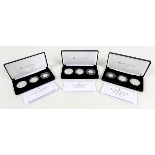 127 - Three Elizabeth II Jubilee mint commemorative silver proof coin sets, comprising three £5, £2 and £1... 