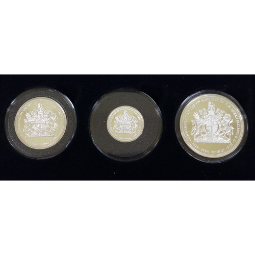 128 - Three Elizabeth II Jubilee mint commemorative silver proof coin sets, comprising three £5, £2 and £1... 