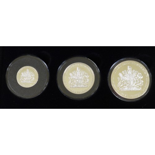 128 - Three Elizabeth II Jubilee mint commemorative silver proof coin sets, comprising three £5, £2 and £1... 