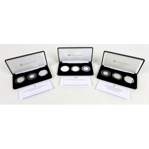 128 - Three Elizabeth II Jubilee mint commemorative silver proof coin sets, comprising three £5, £2 and £1... 