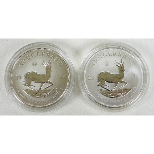 136 - Three South Africa Mint 2017 fine silver Krugerrands, comprising two premium uncirculated Krugerrand... 